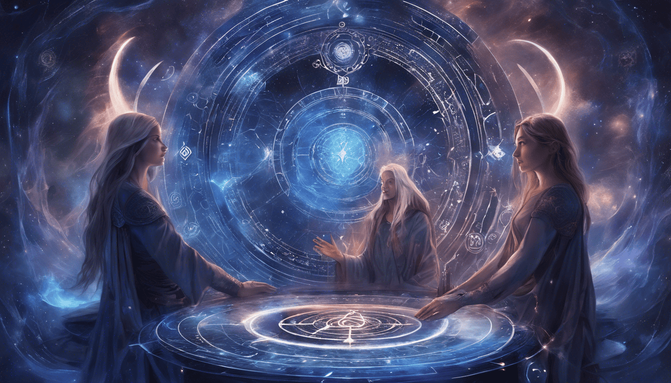 A celestial oracle surrounded by MySQL symbols and cosmic glow in a digital painting