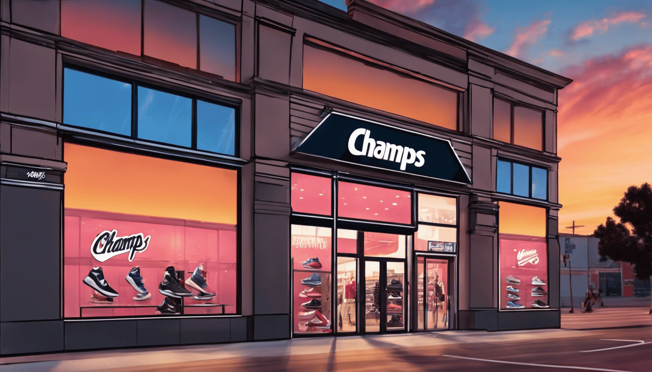 Illustration of a Champs Sports store in the evening light, displaying stylish sports gear
