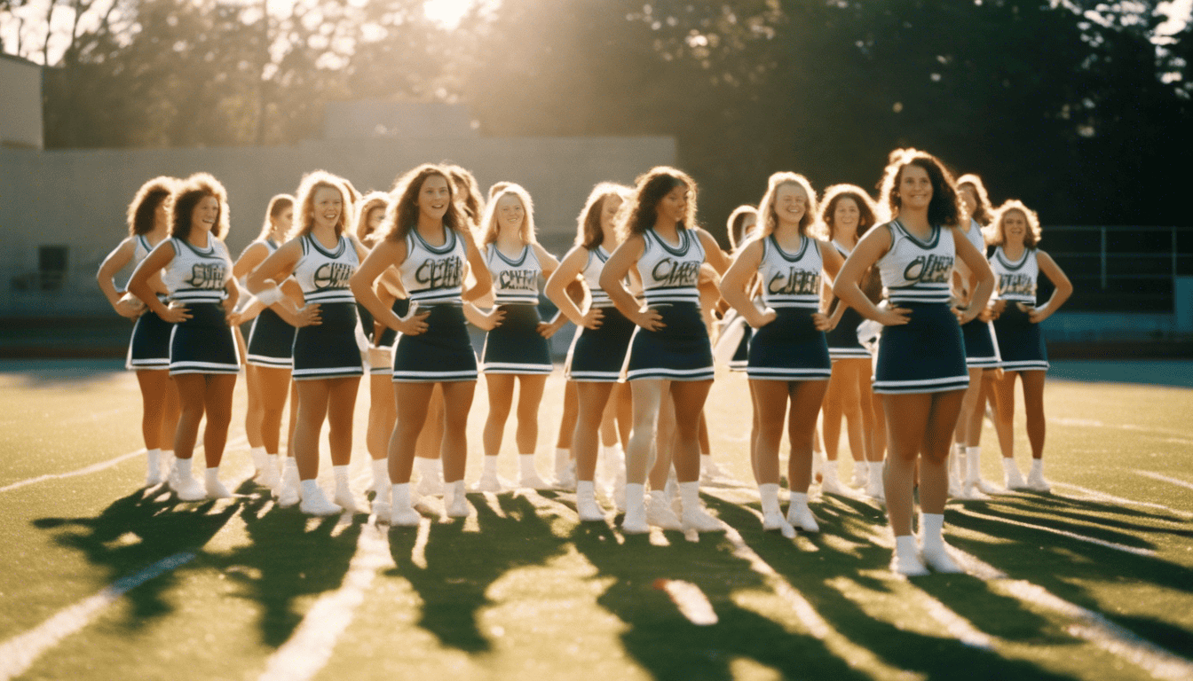 Cheer squad with captain in the lead, golden hour lighting on football field