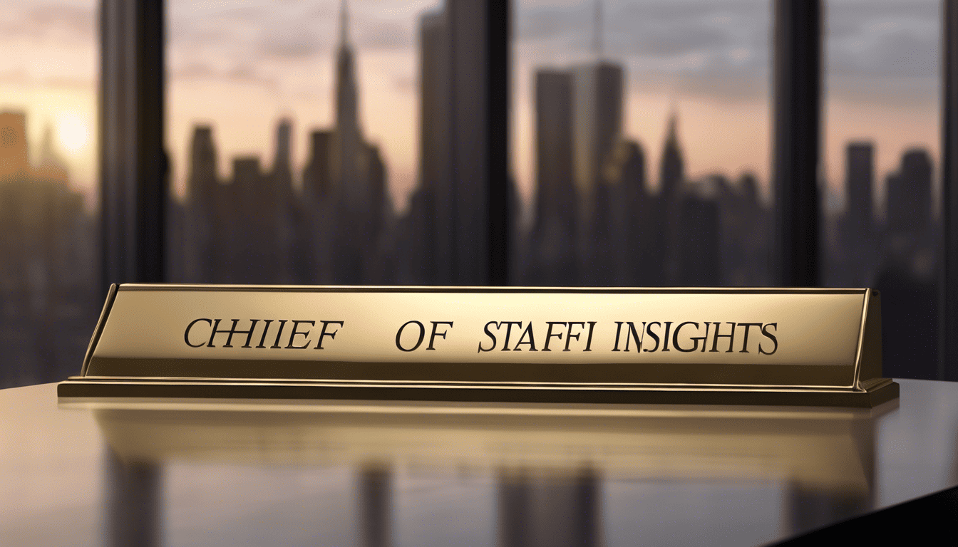 Golden embossed nameplate reading 'Chief of Staff Role Insights' with reflective office glass and New York City skyline in the background.