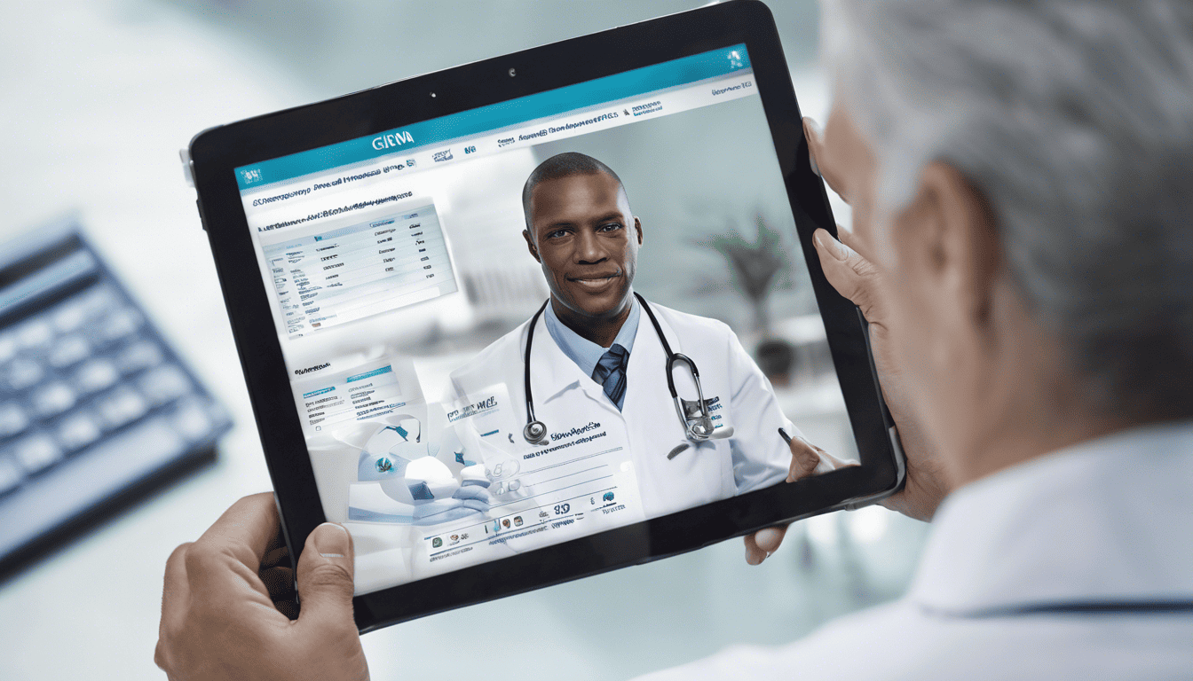 Healthcare professional holding a tablet with 'Insight into Cigna and the Healthcare Sector' text and analytics graphs.