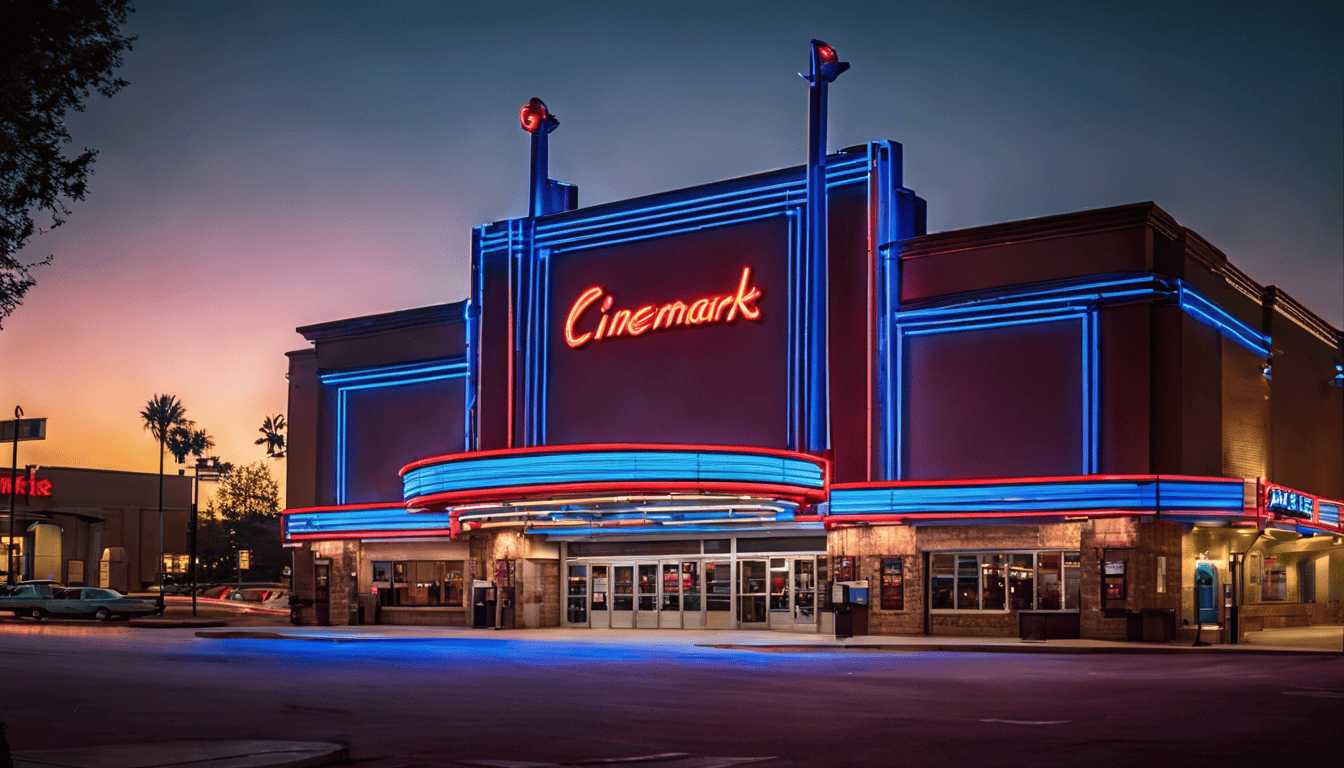 Cinemark cinema entrance with blue neon sign in cinematic style