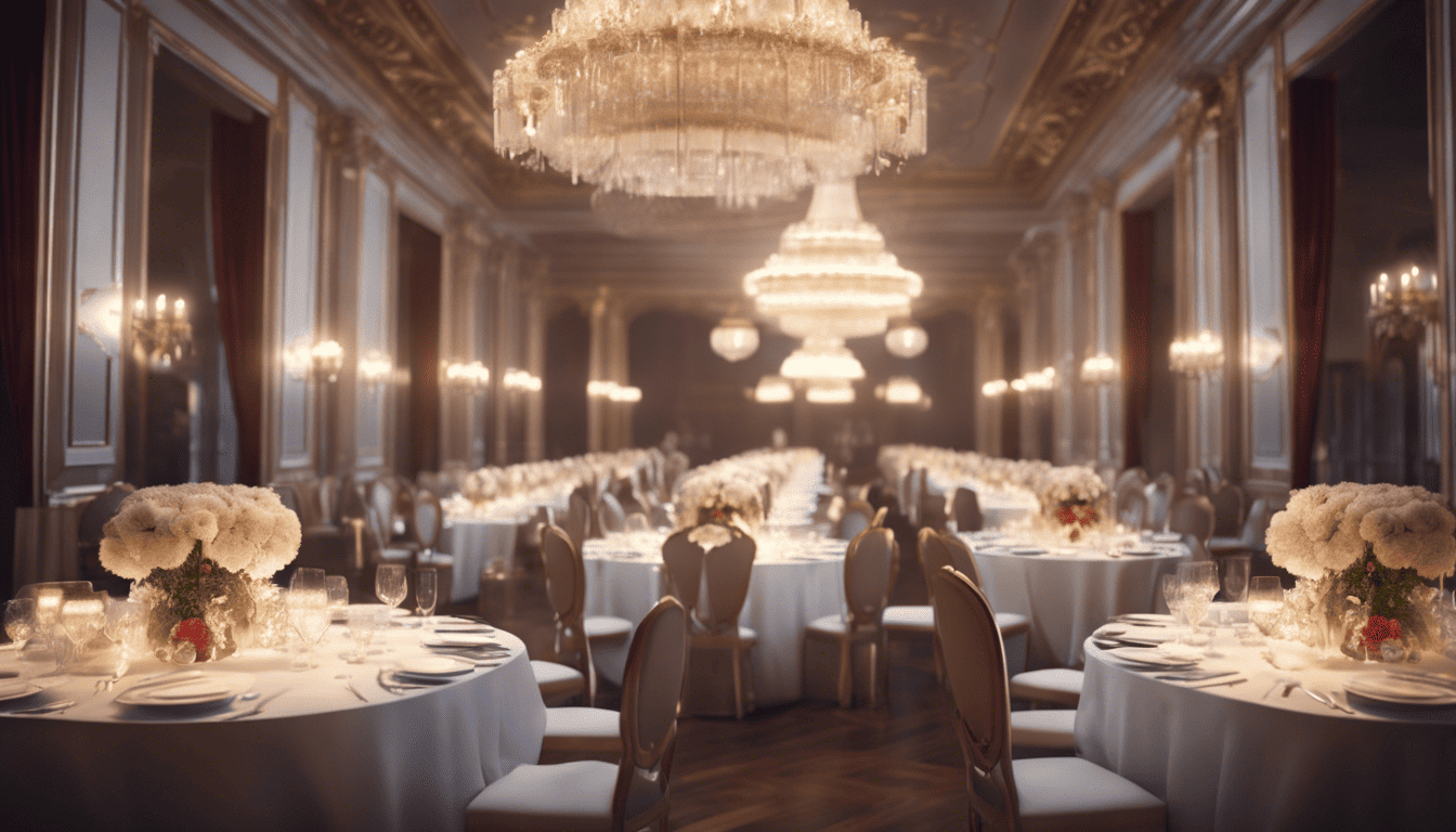 Server in grand banquet hall with guests and chandeliers