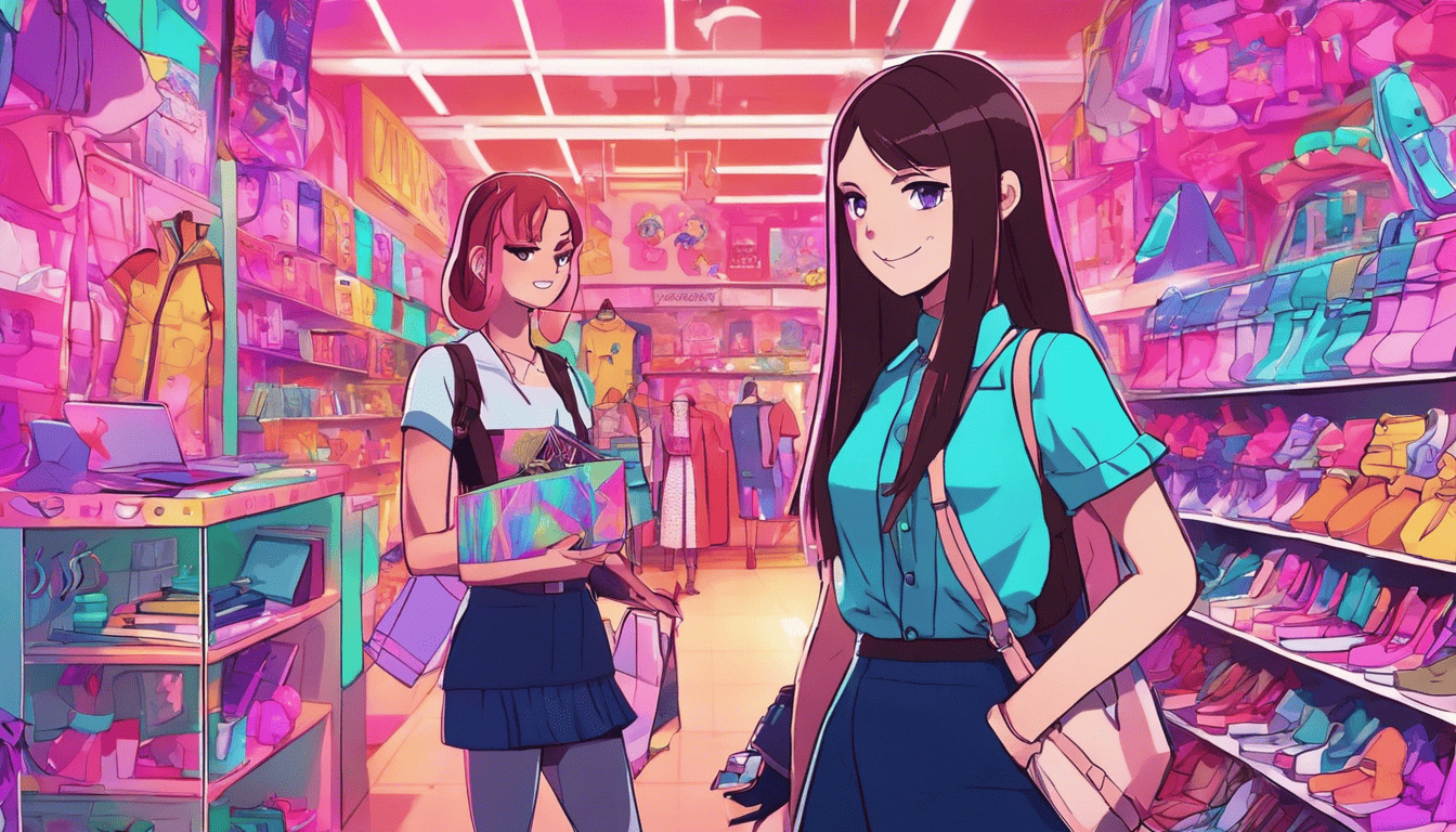 Anime illustration of employee and teens in a neon-lit Claire's store