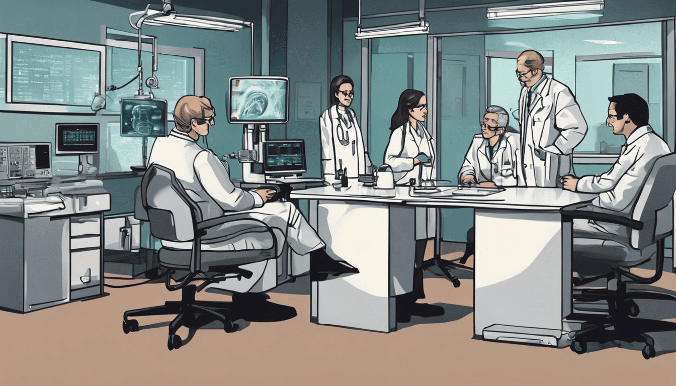 Panel interviewing candidate in a clinical research setting with medical equipment and low-key lighting
