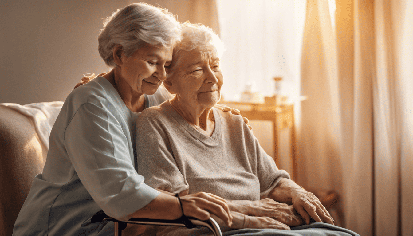 CNA comforting elderly patient, warm cozy room, golden hour