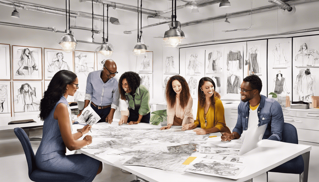 Old Navy employees in a collaborative meeting with fashion sketches and eco-friendly office elements