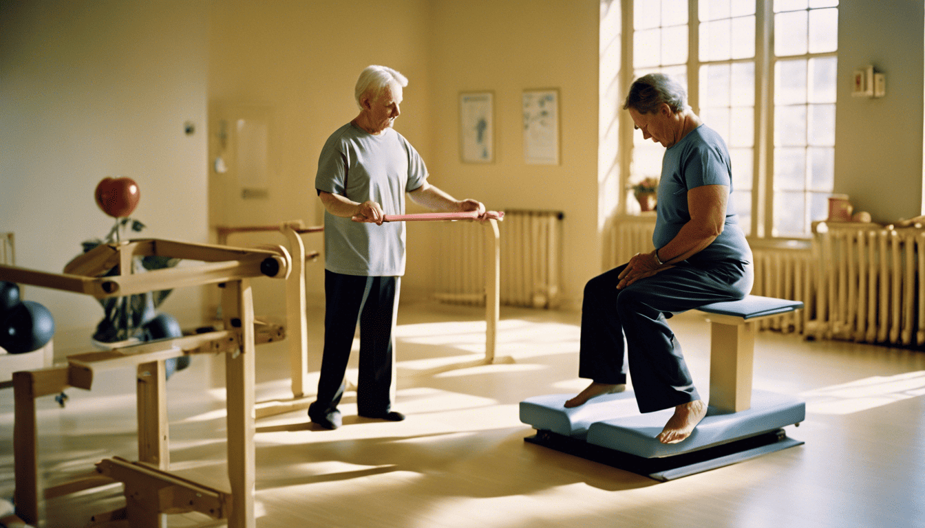 Physical therapist and patient performing balance exercises in a serene studio.
