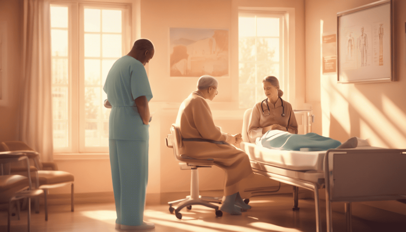 Nurse practitioner consulting with patient in a warm, reassuring healthcare setting