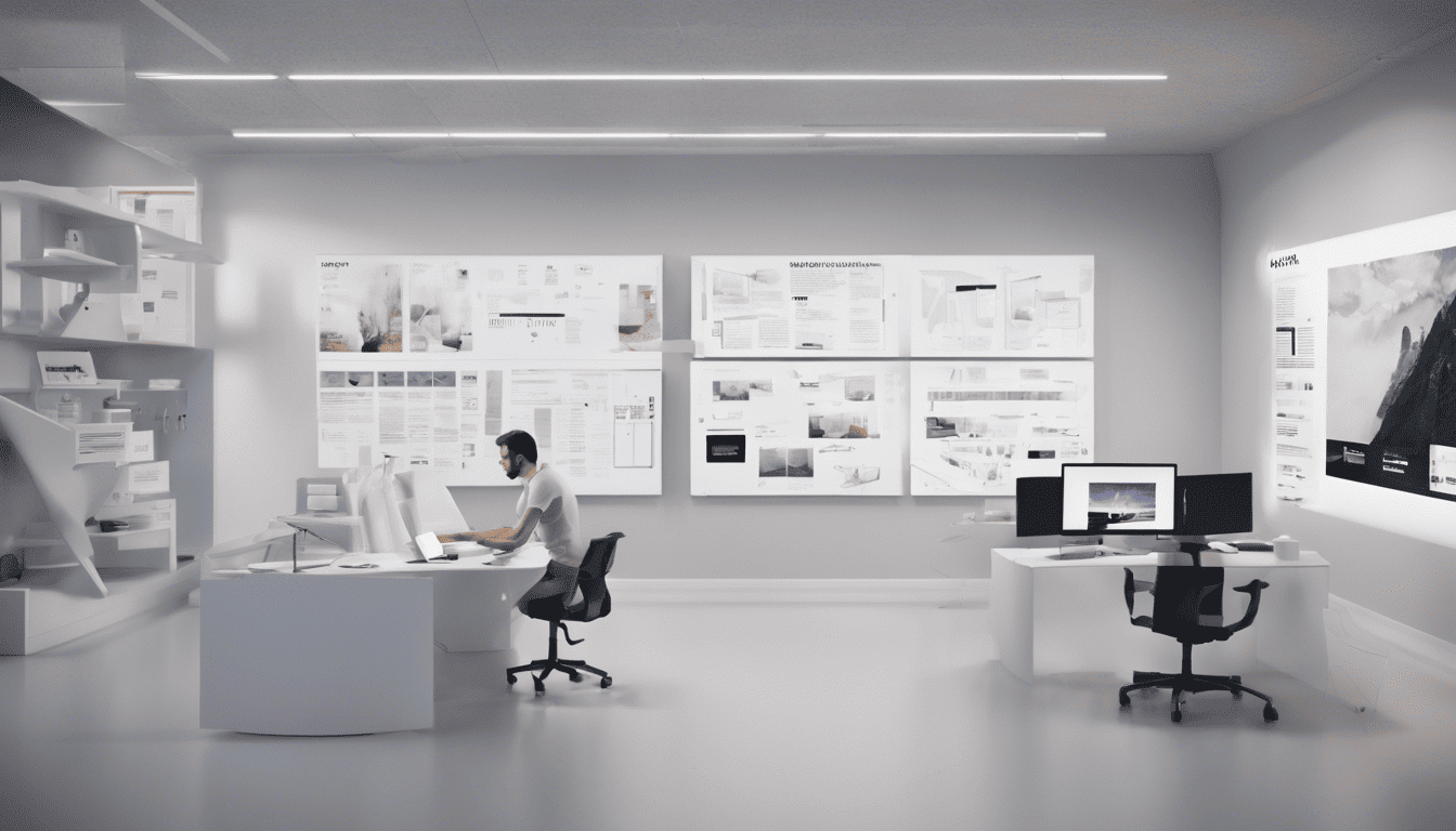 A content manager at a modern desk with interactive analytics displays in 3D model style