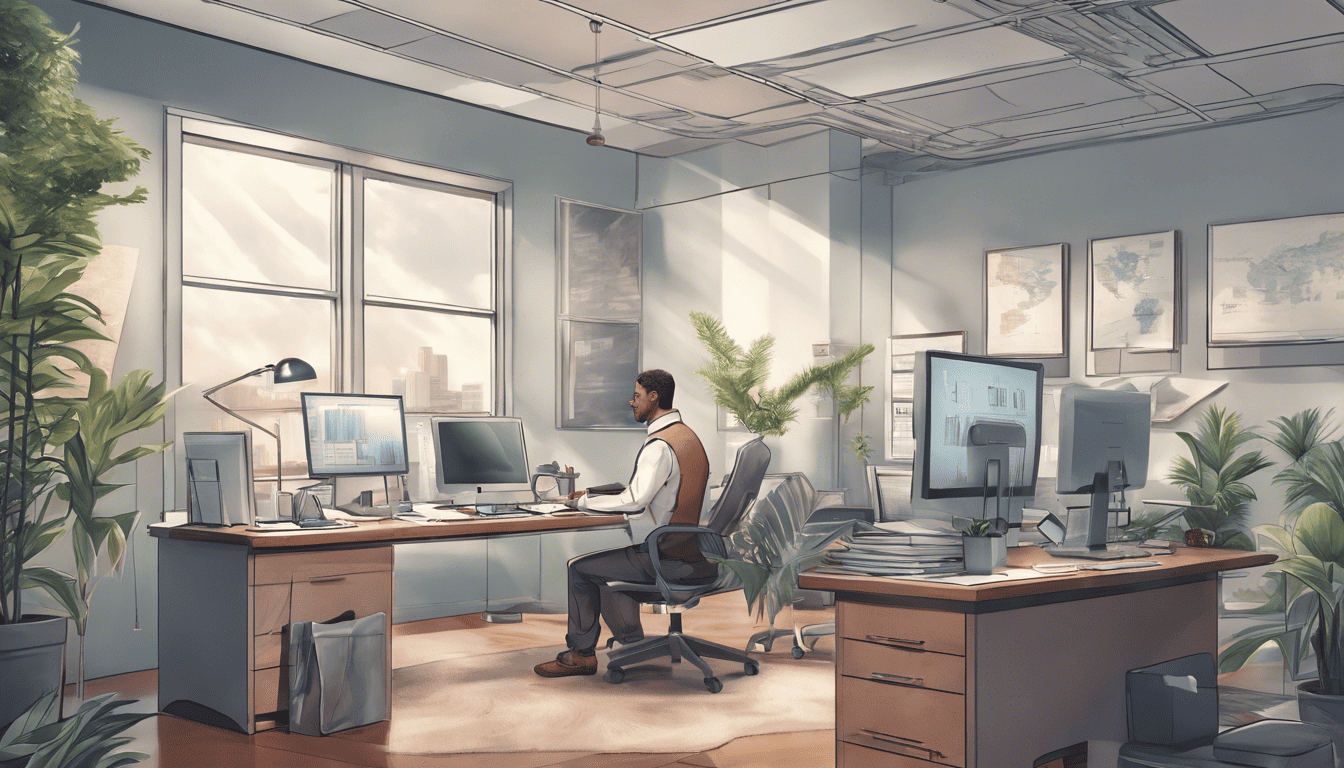 Facilities coordinator managing a tranquil, well-organized office scene