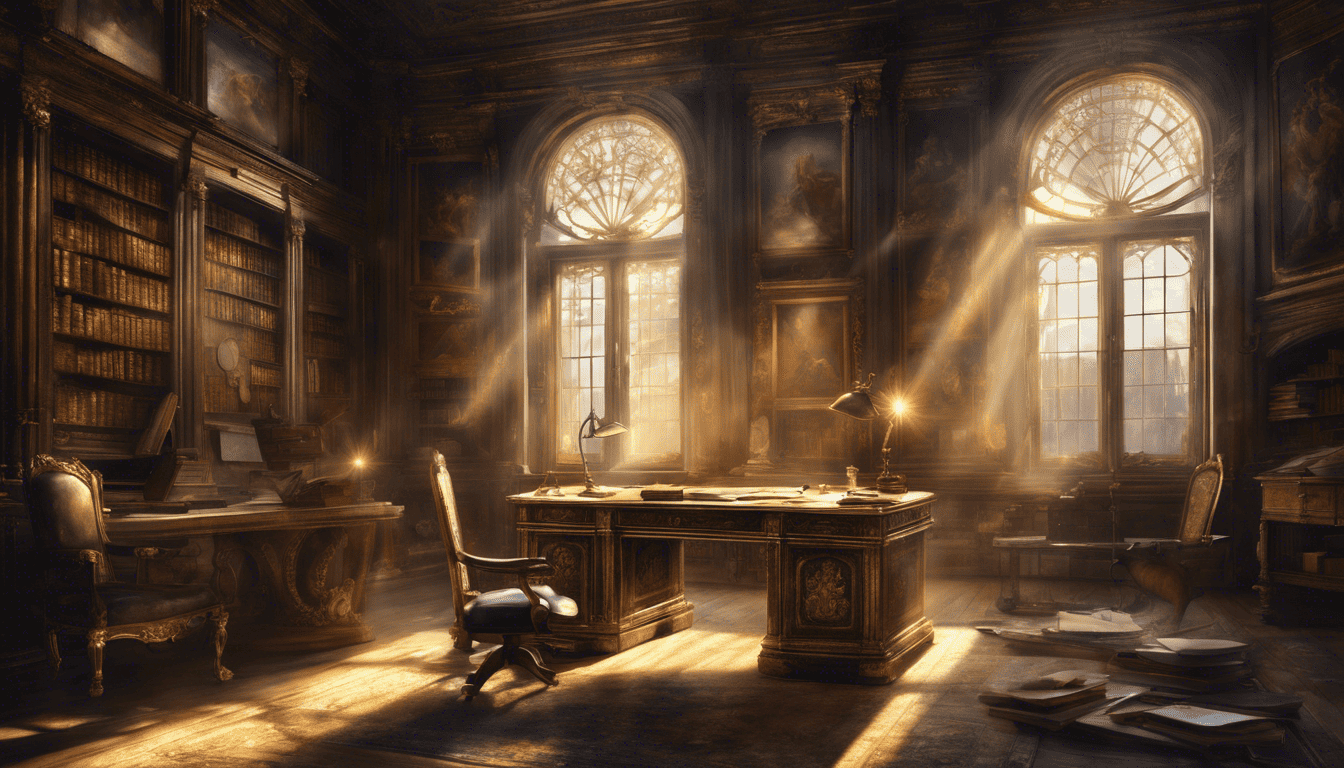Hyper-detailed Baroque oil painting of a copywriter's ancient desk with golden sunrays.