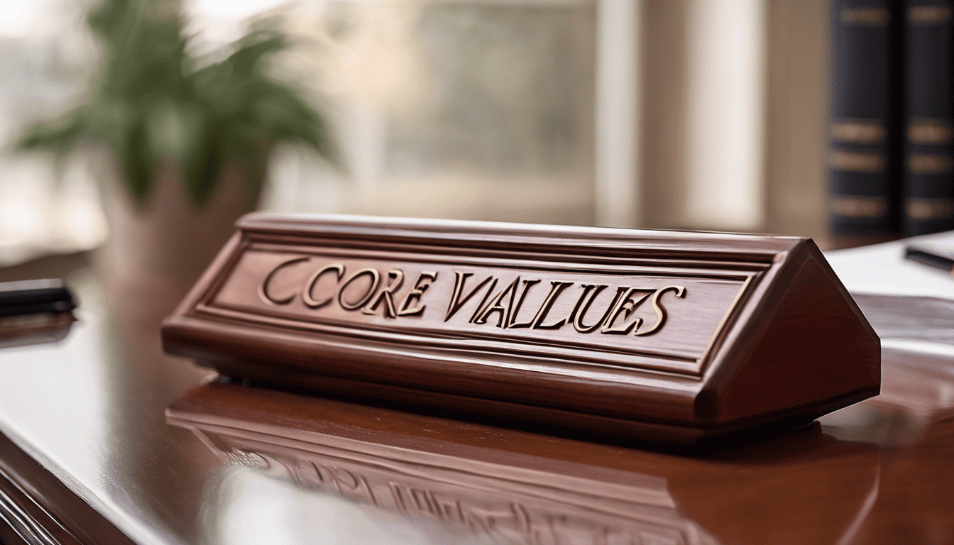 Elegant 'Core Values' inscription on mahogany desk in a professional office setting