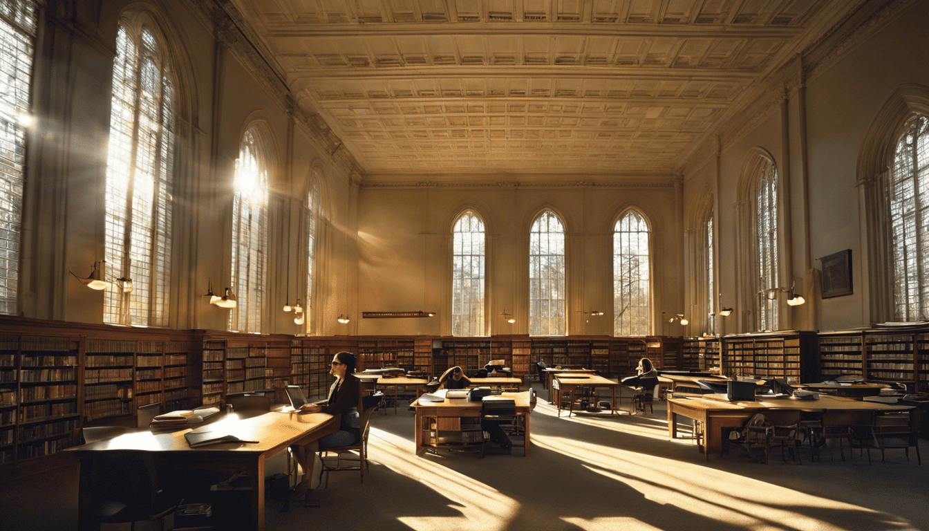 Student at Cornell University interview in an Ivy League library setting