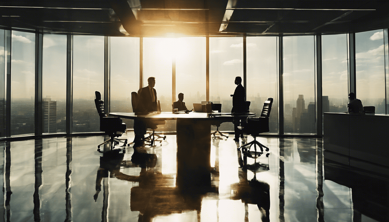 High-rise office presentation, candidate silhouetted against cityscape, Annie Leibovitz-inspired photographic style