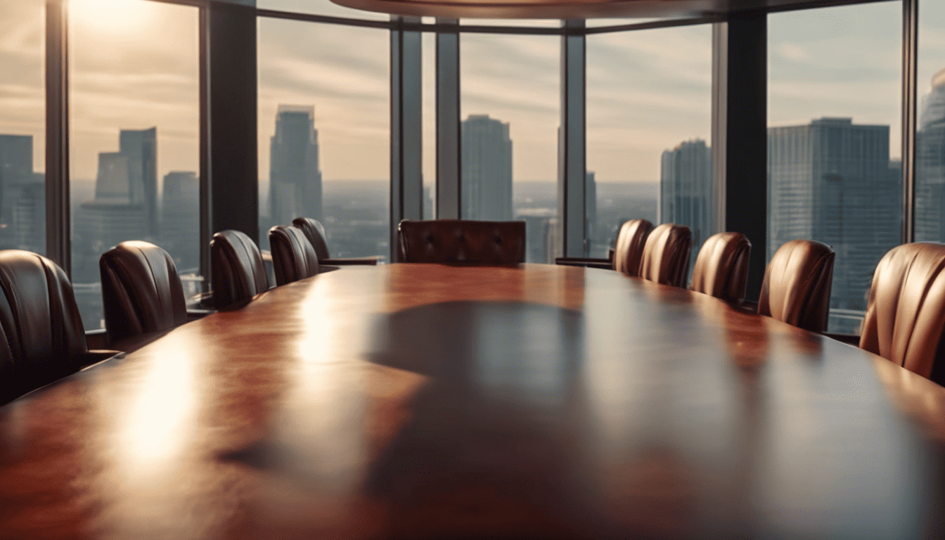 Corporate executives negotiating in boardroom with warm lighting