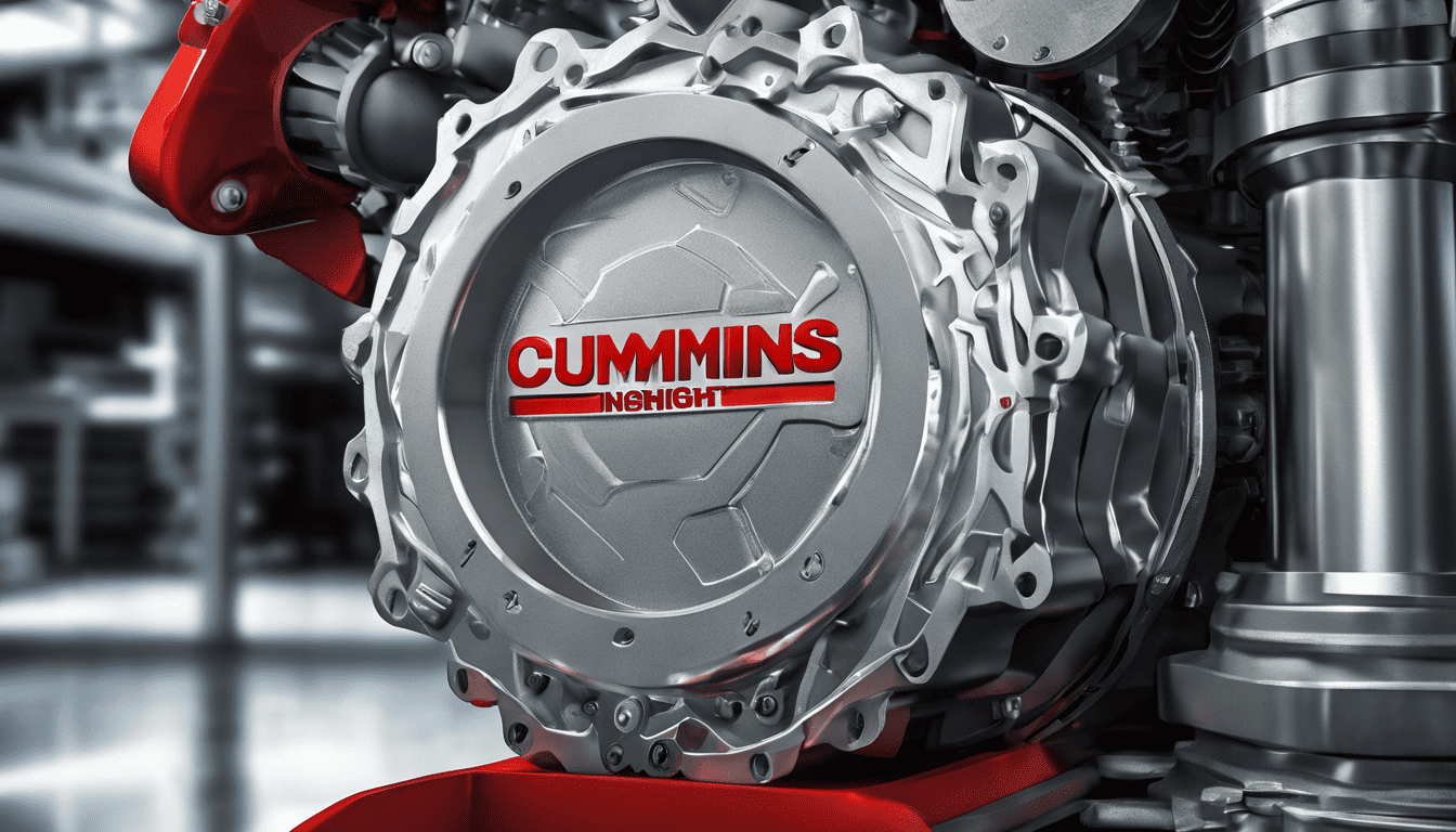 3D model of a Cummins diesel engine part with etched branding text