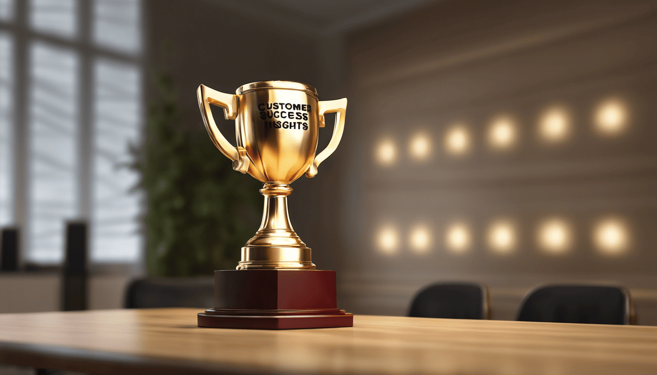 Golden trophy with 'Customer Success Insights' under spotlights