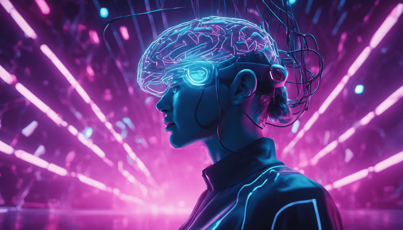 Cybernetic brain with digital pathways in a neon VR setting.