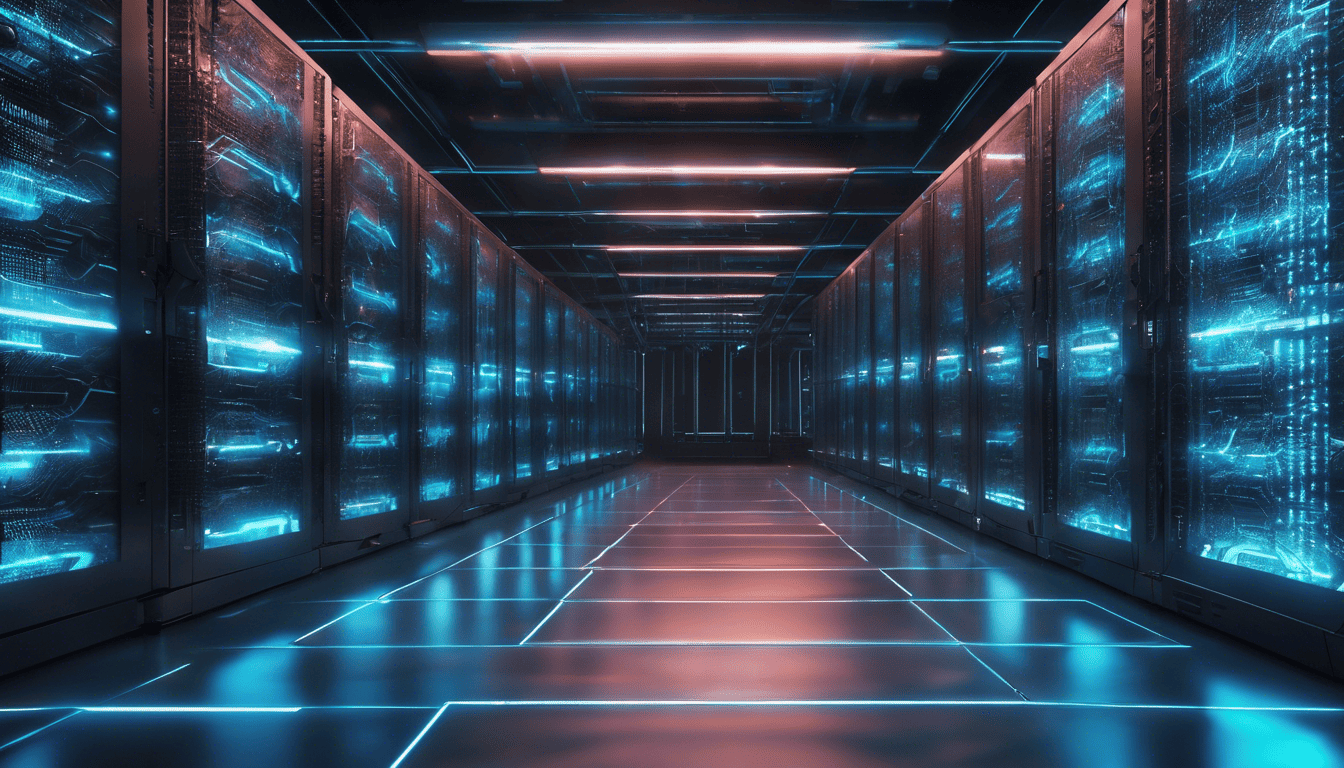 Cyberpunk-style data center with neon lights and holographic interfaces