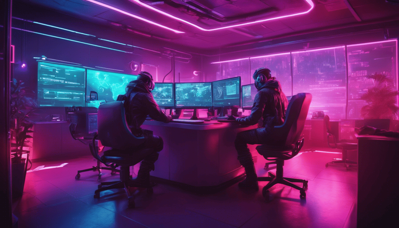 Cyberpunk service desk analysts troubleshooting in a neon-lit room