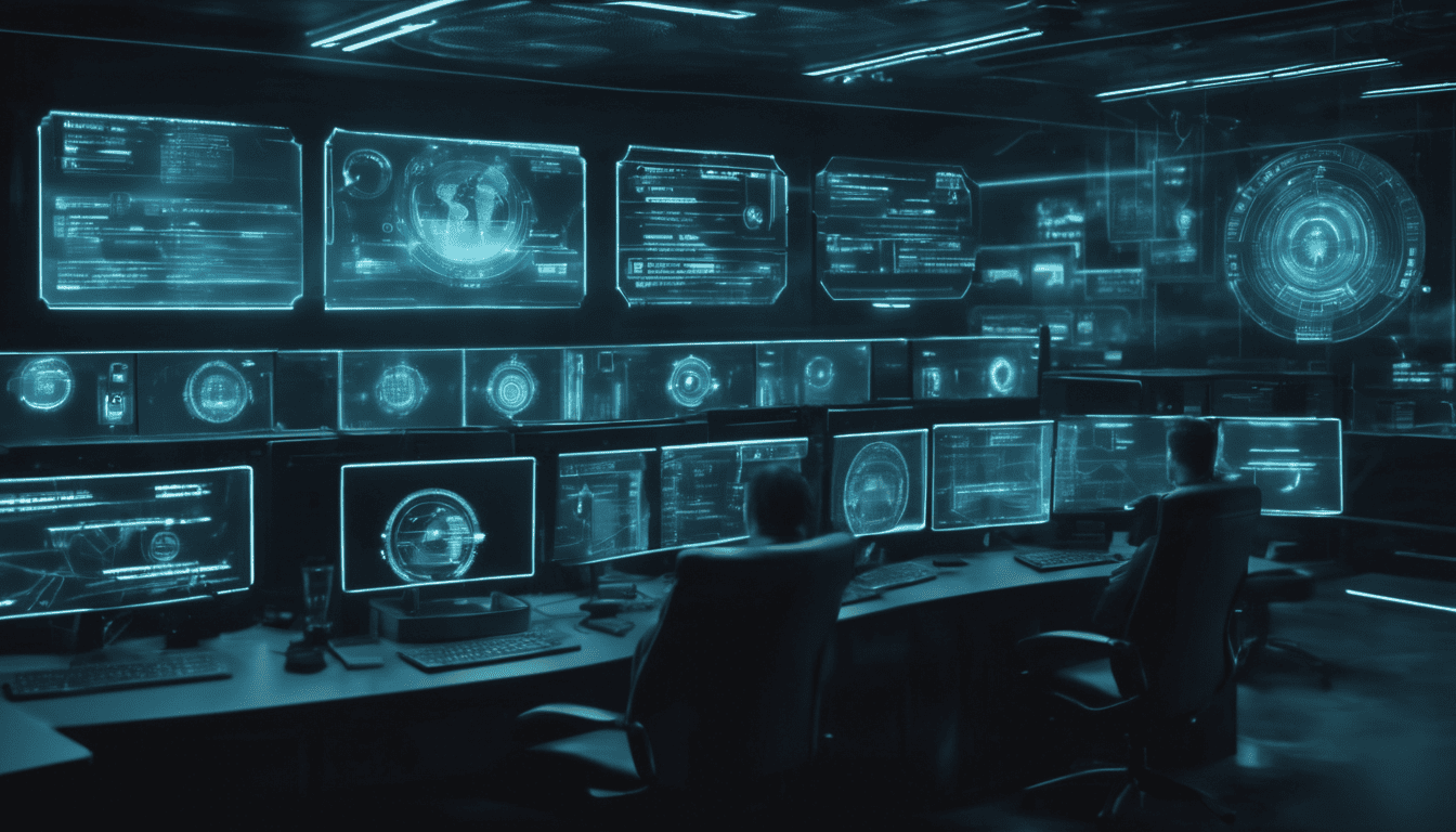 Futuristic cybersecurity command center with DNS holographic interfaces and a mood of urgency.