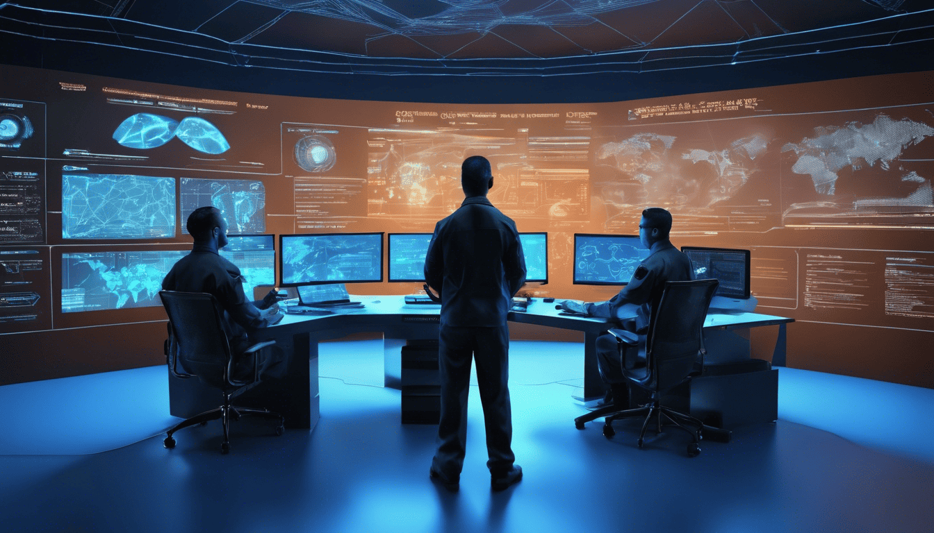 3D model of a cybersecurity command center with data analytics