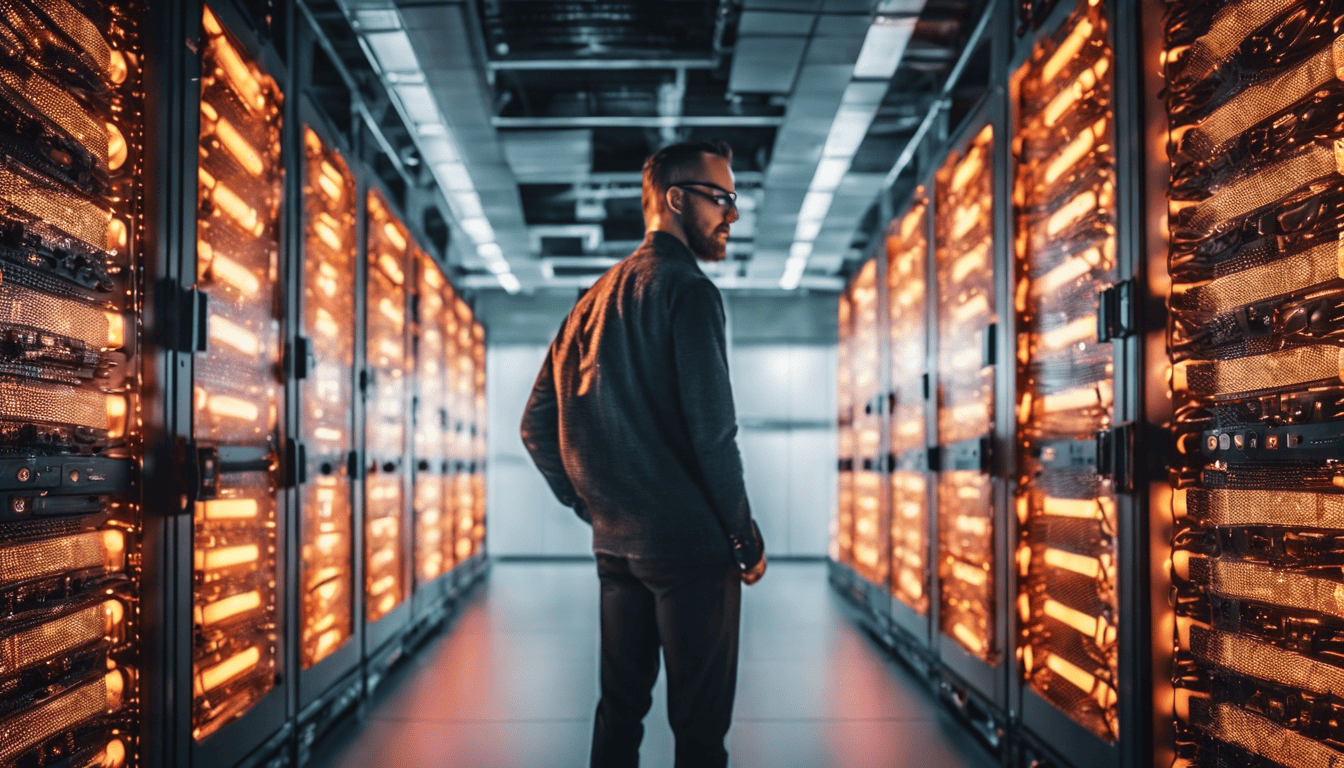 cybersecurity expert surrounded by data racks in server room