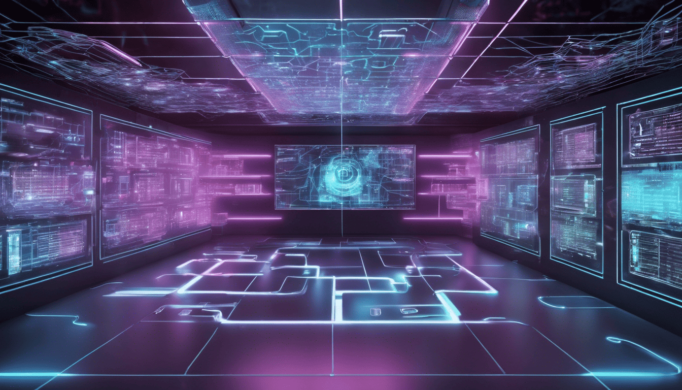 Holographic 3D interface of network security firewall configurations with neon accents in a high-tech control room.