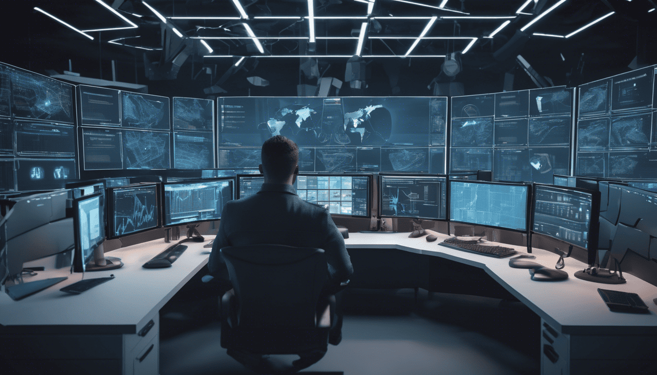 GRC analyst surrounded by monitors displaying data in a dimly lit operations center