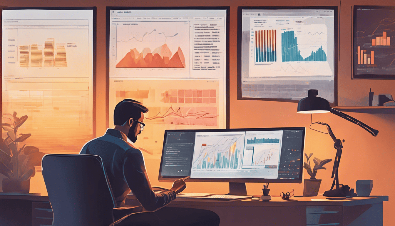 Data analyst surrounded by screens with charts in golden light