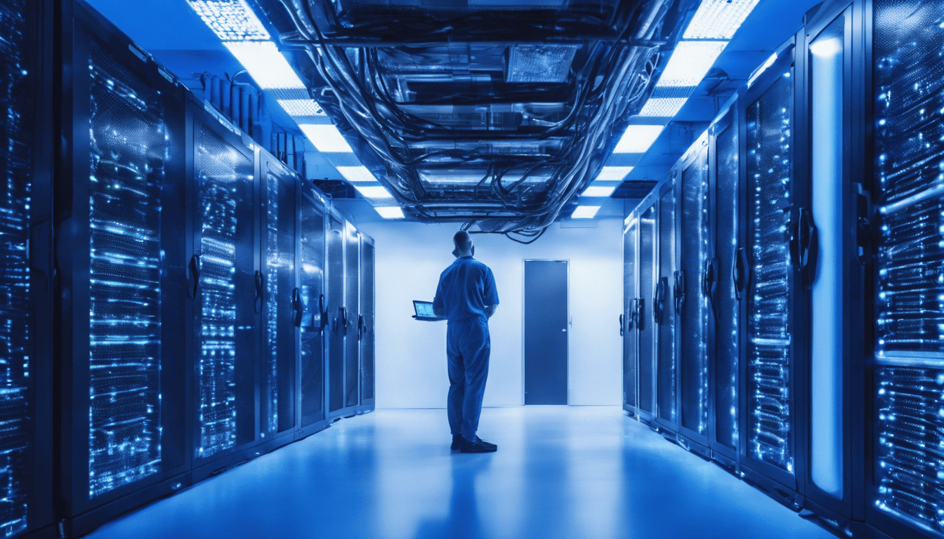 Modern data center with rows of servers and technician
