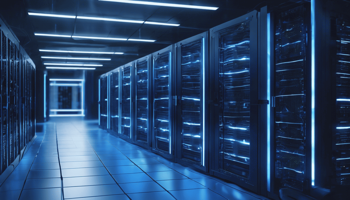 Data center technician among glowing blue server racks