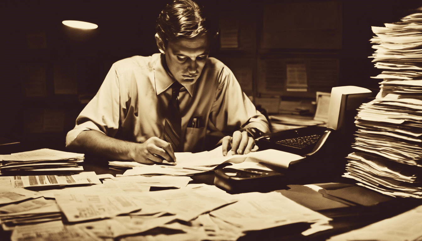 Concentrated data entry clerk surrounded by documents
