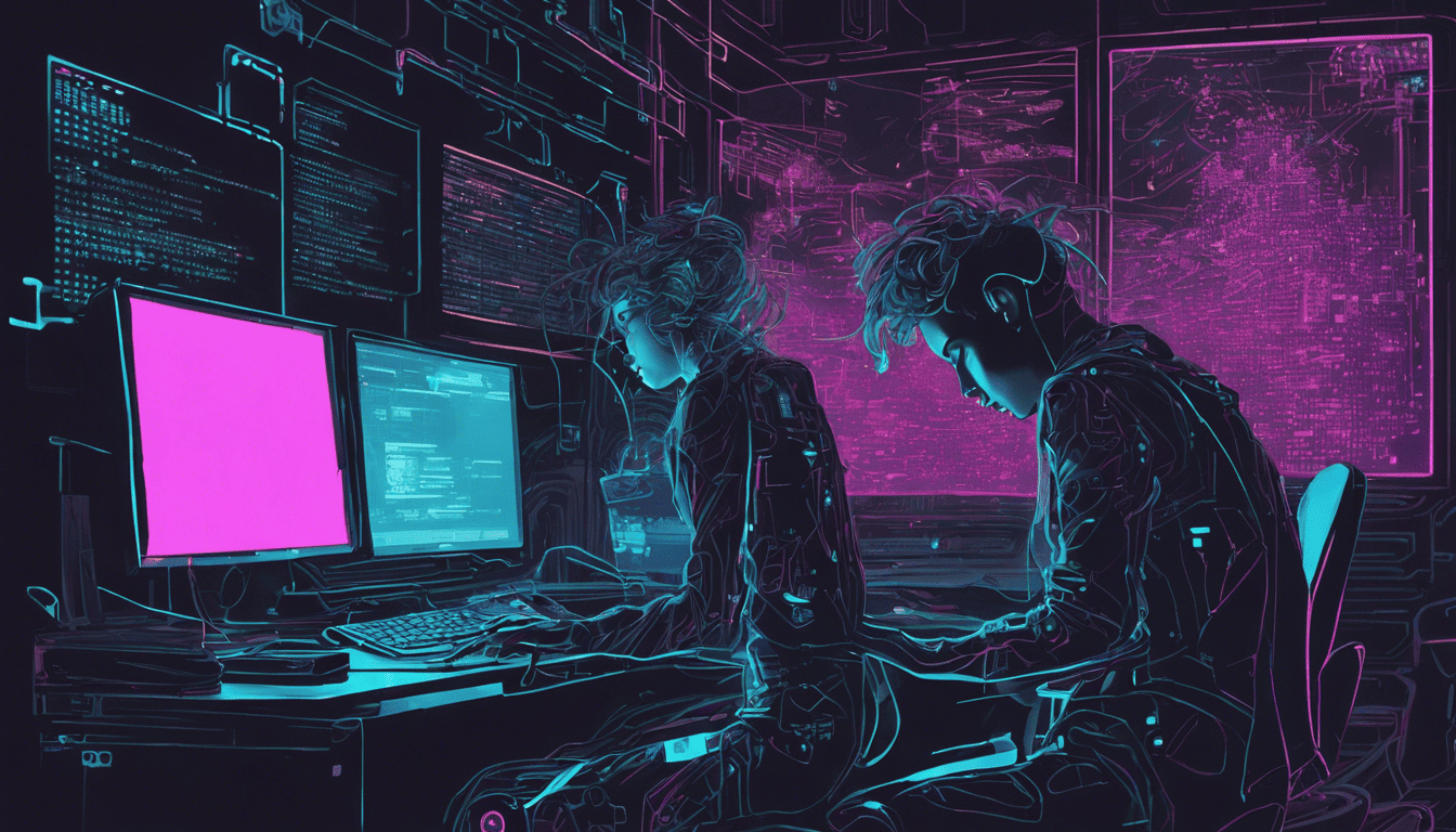 Neon-lit office with figure and futuristic data management
