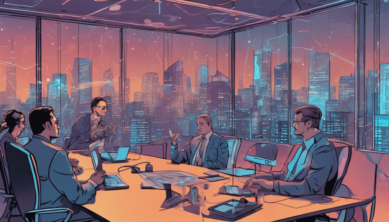 Comic book style image of a data manager leading a strategic meeting with holographic data interfaces