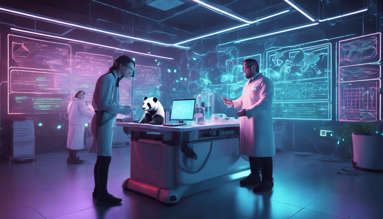 Data scientist in lab with 3D Pandas data frames and neon lighting