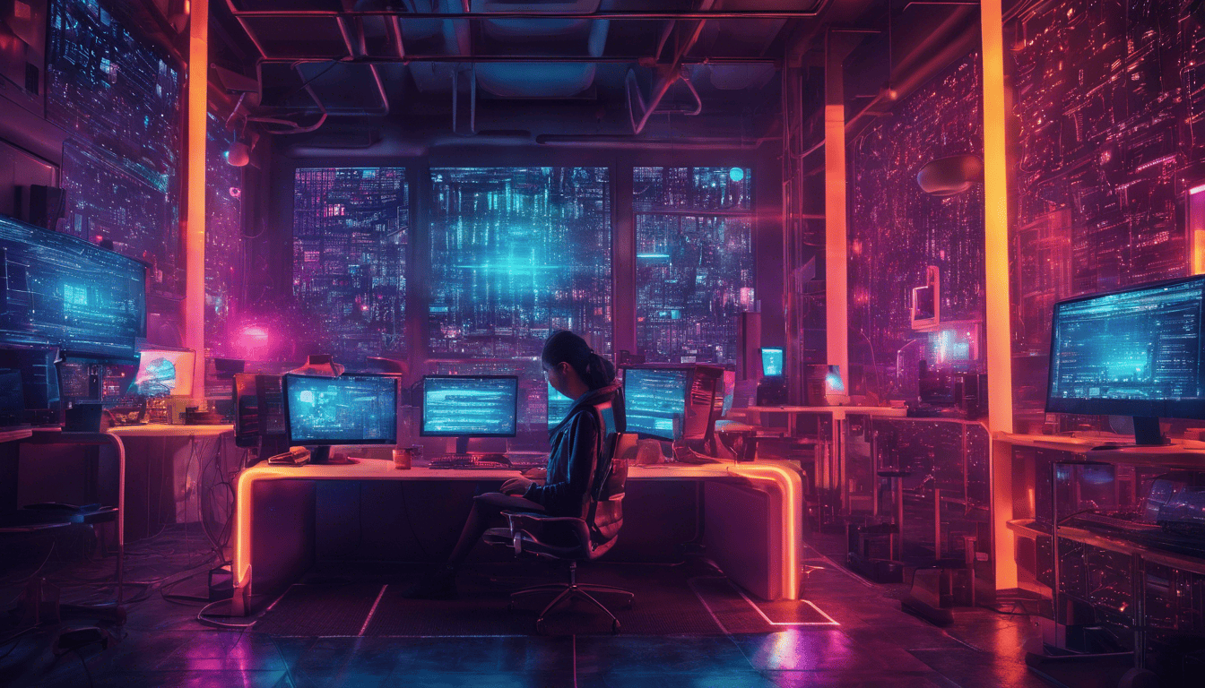 Data scientist surrounded by glowing neon code during a moment of clarity