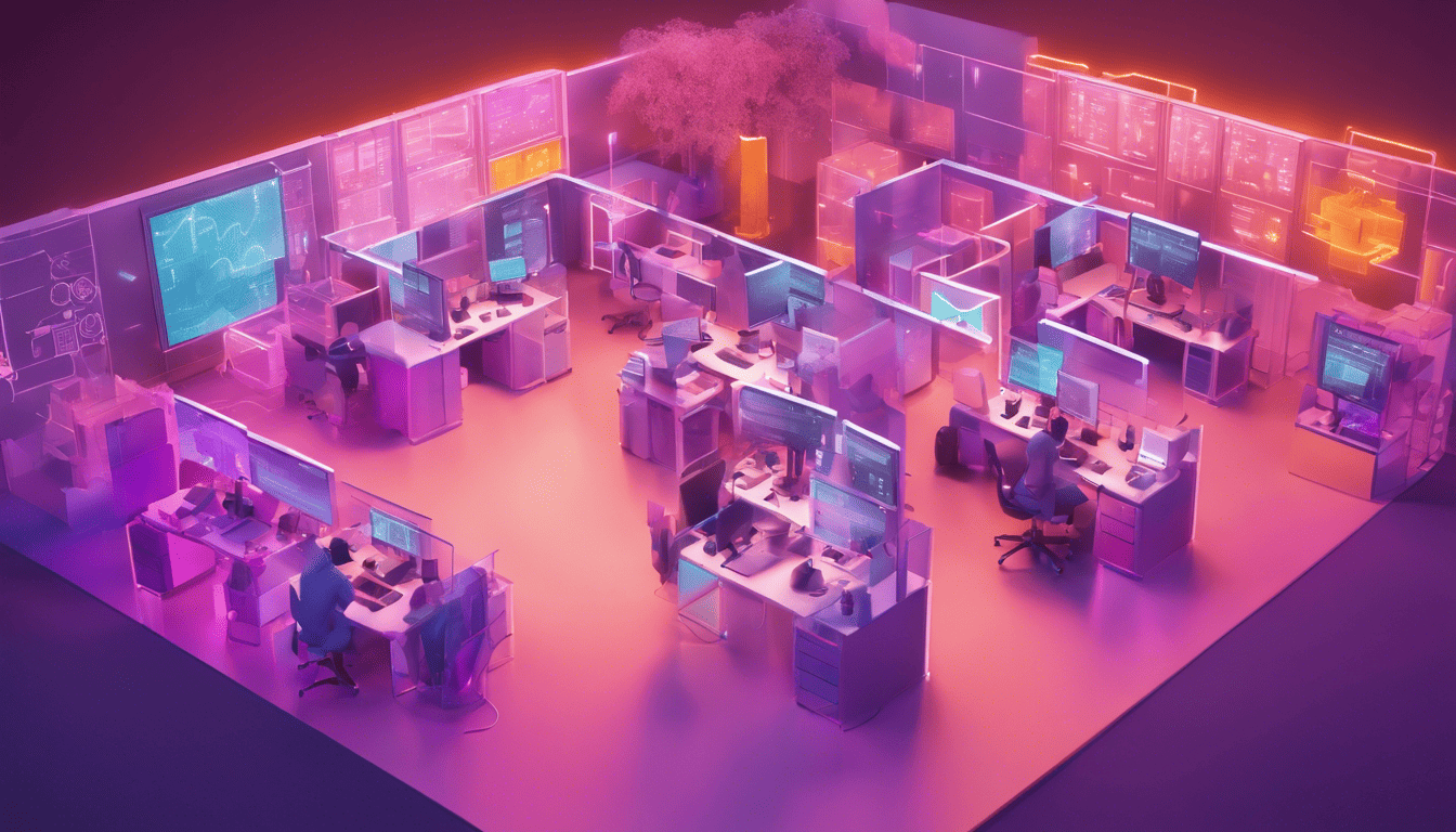 3D model of Datadog's cloud-scale monitoring interface in an ambient-lit tech office