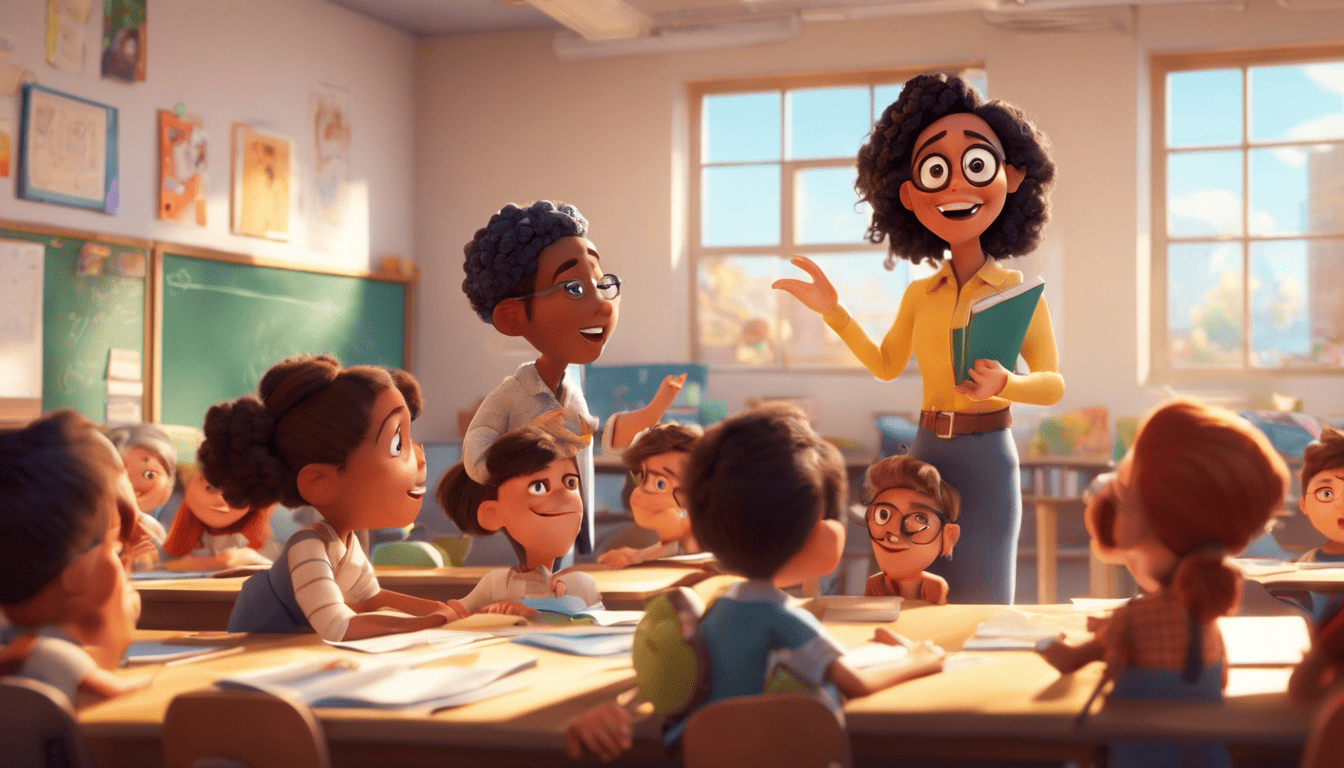 Animated teacher engaging students in a sunny classroom