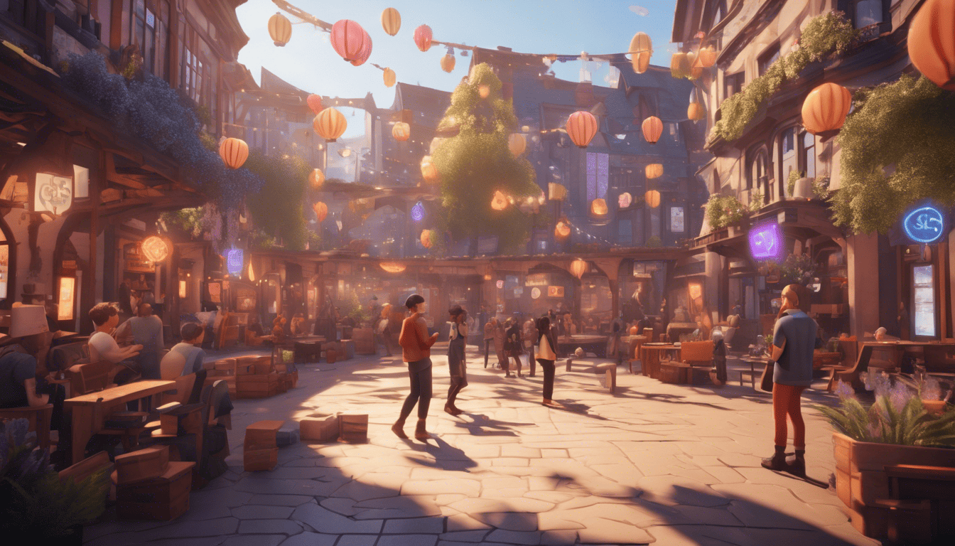 Cinematic image of a lively digital town square centered on Discord, symbolizing community and inclusion.