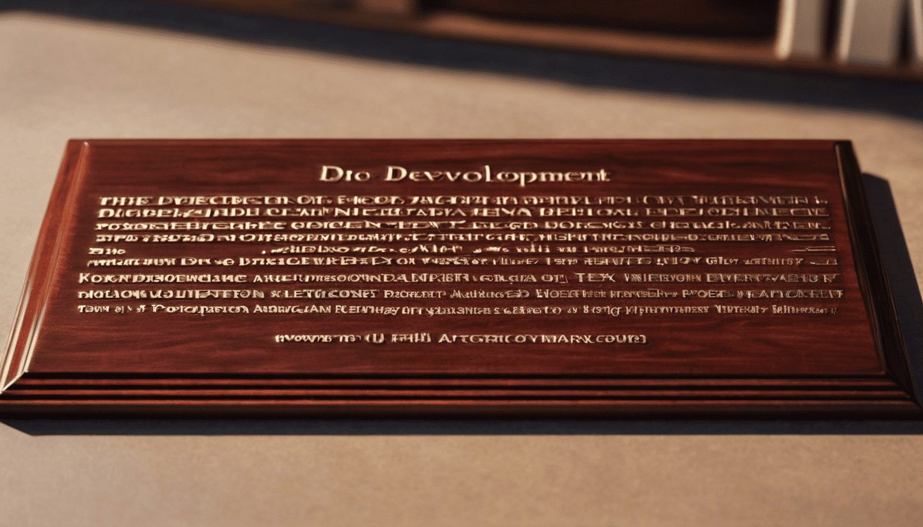 Gold-engraved Director of Development plaque on mahogany desk.