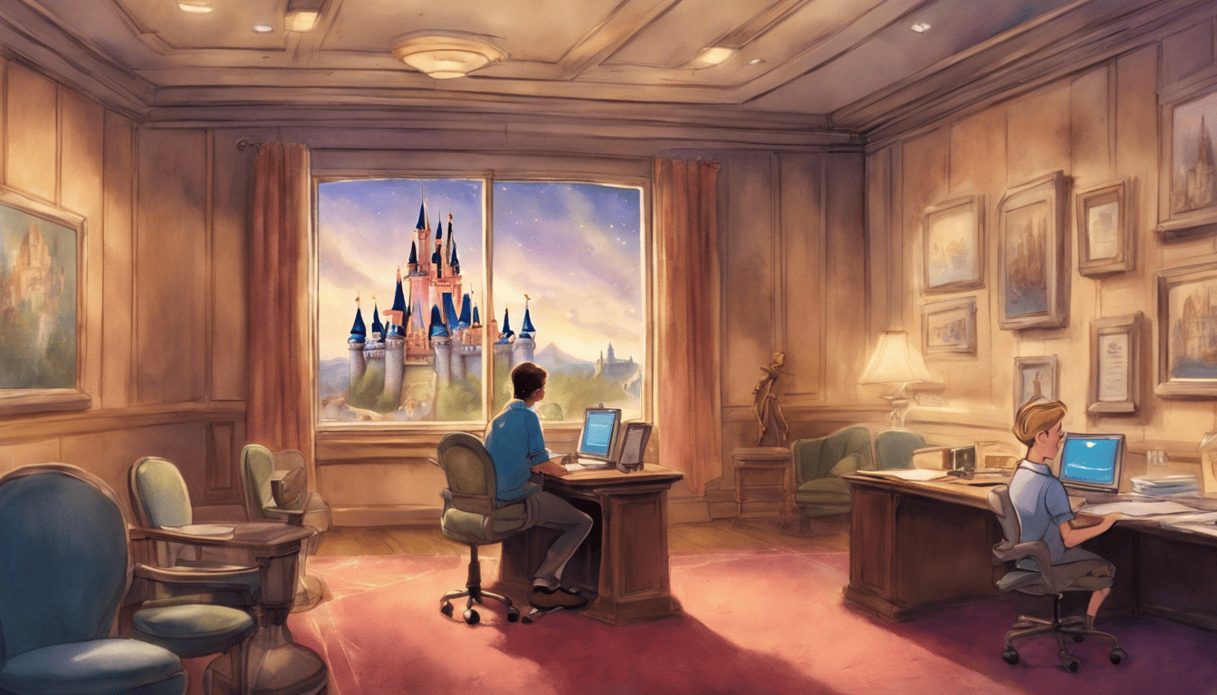 Disney interview room with soft watercolor tones and a view of the castle