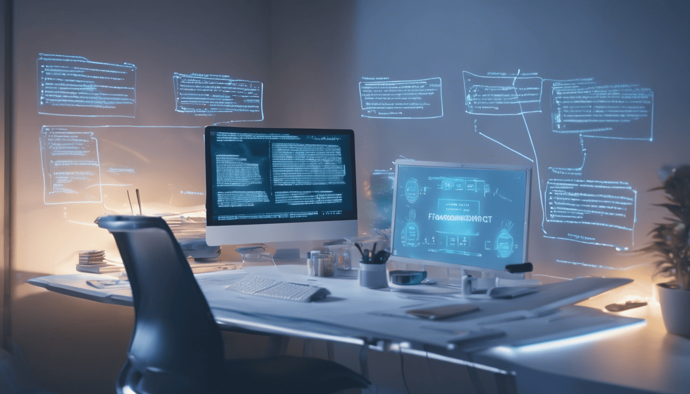 Holographic projection of 'Django Framework Insight' over an organized developer's workspace
