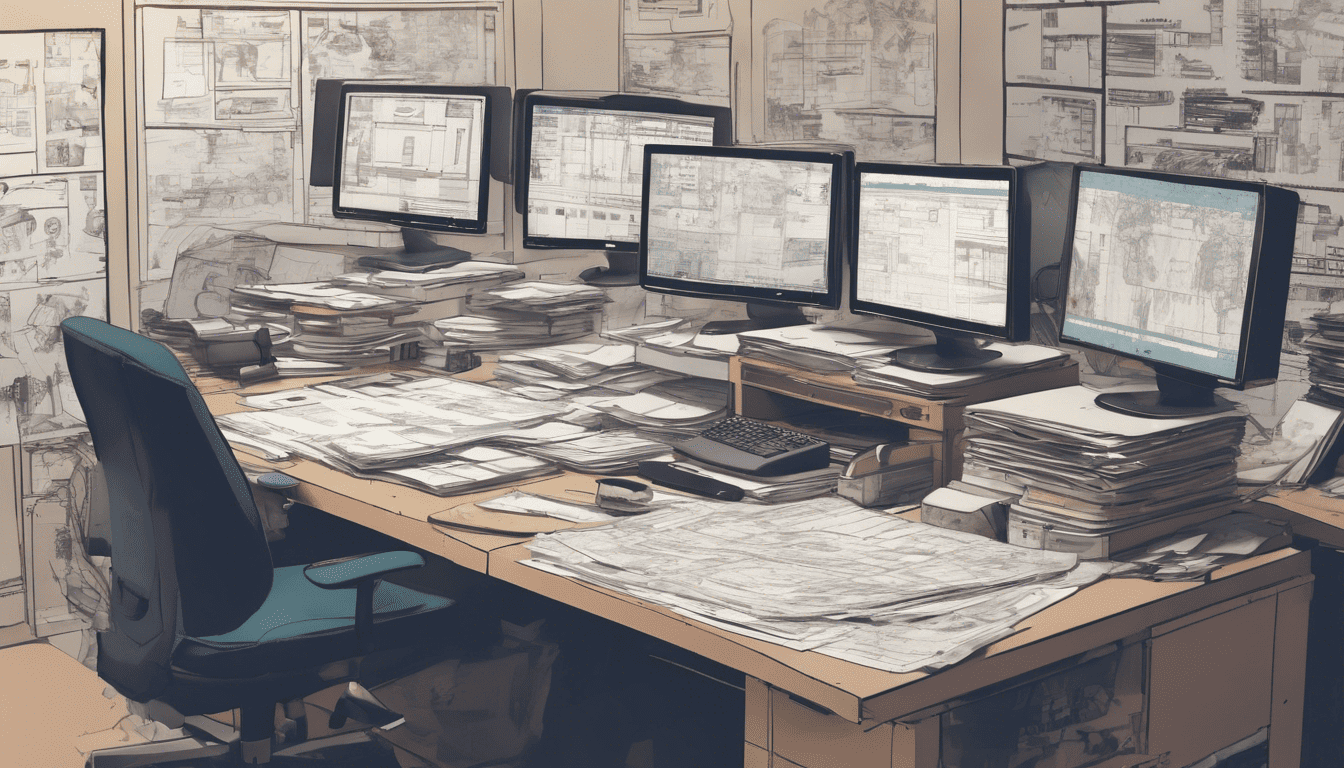 Cluttered desk with blueprints and digital files in a busy document controller's office