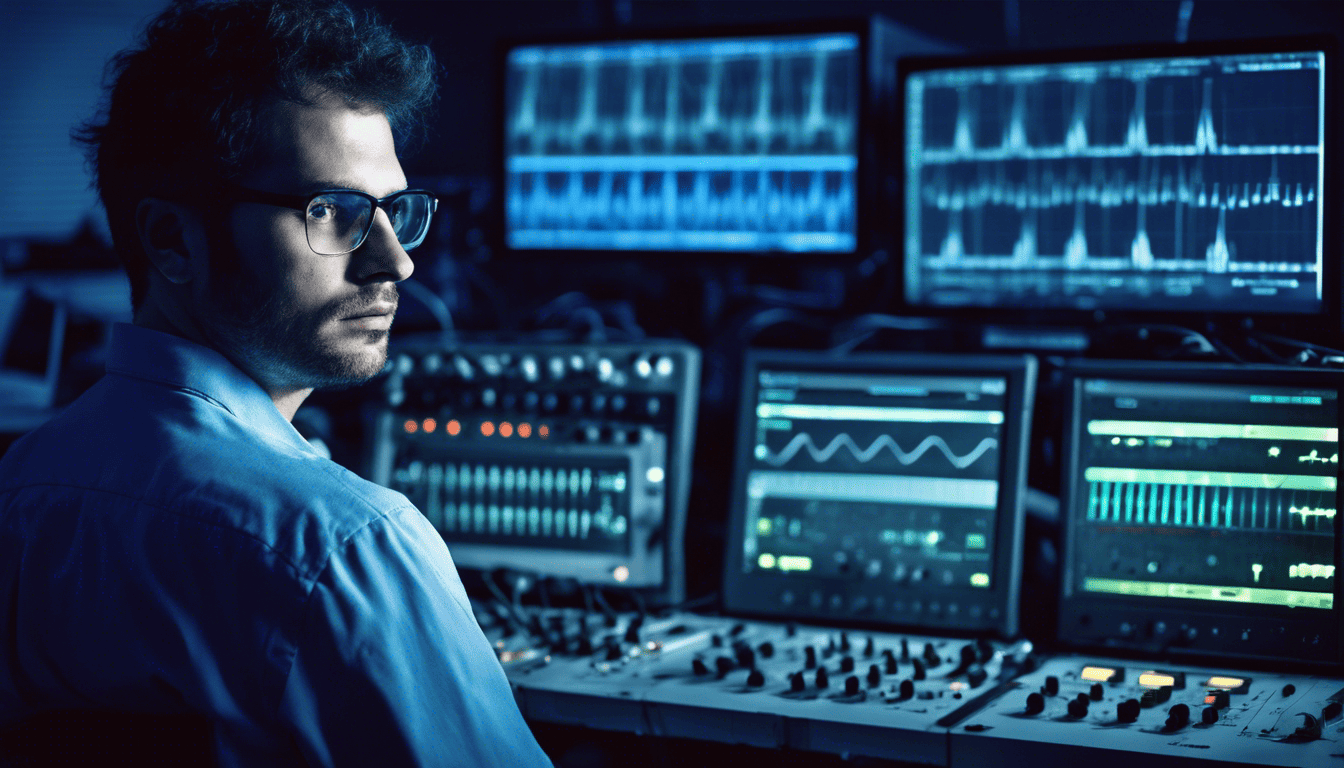 Engineer in DSP lab with oscilloscopes and waveform monitors