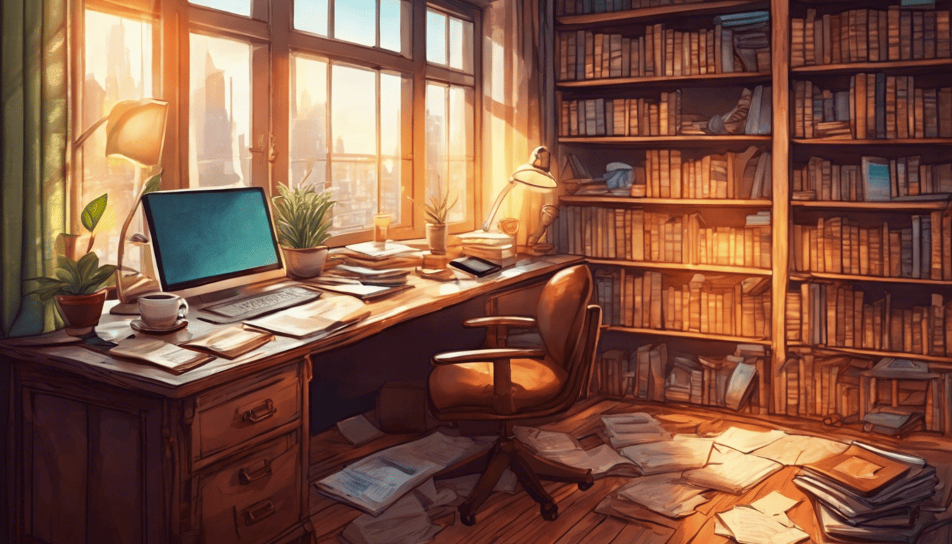 Editor's desk with manuscripts, digital devices, and a cozy atmosphere.
