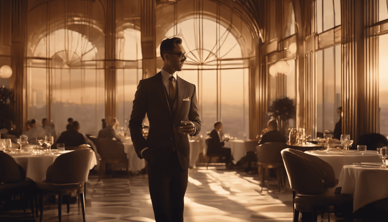 Cinematic image of a poised host at an elegant restaurant during golden hour
