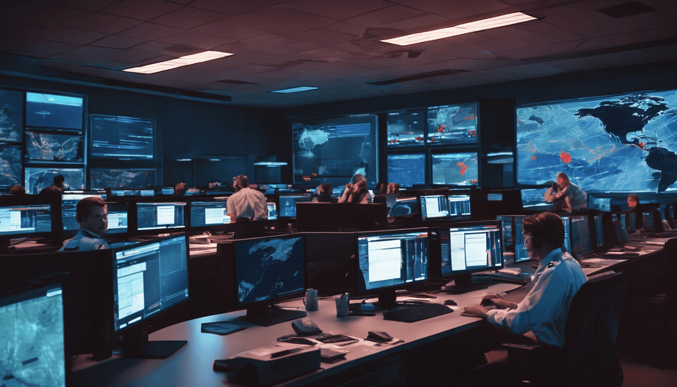 Emergency Management Office at night in cinematic style