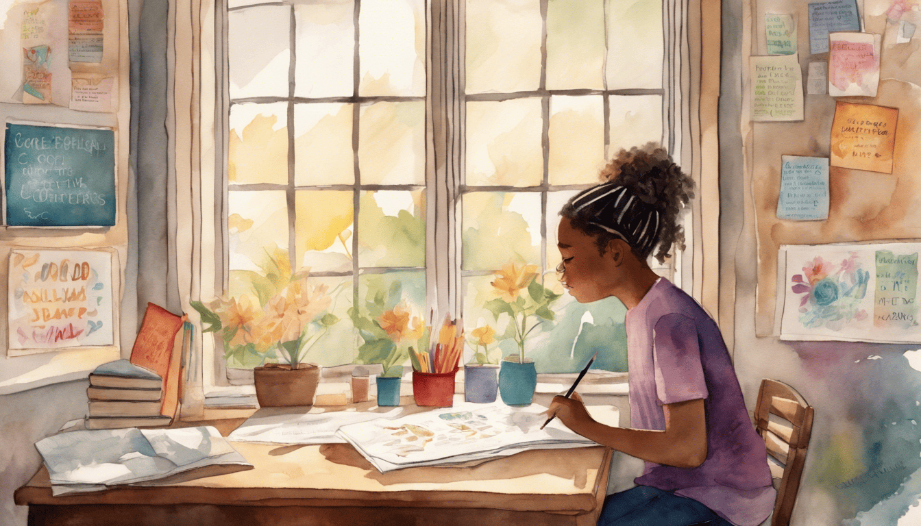 School counselor talking to student in a nurturing watercolor-painted office